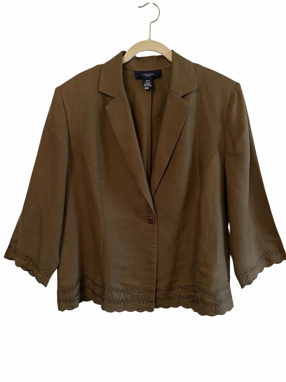 Jones Wear Blazer Womens 16W Olive Green Linen Blend Embroidered Scallop 3/4 Slv